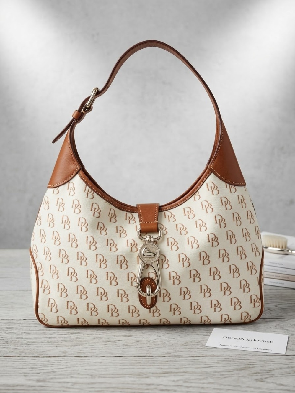 Dooney & Bourke Cream and Tan Logo Jacquard Shoulder Bag